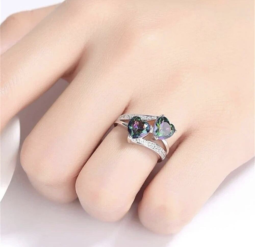 925 Sterling Silver Double Heart Mystic Topaz Rainbow CZ Ring Sz 6.5